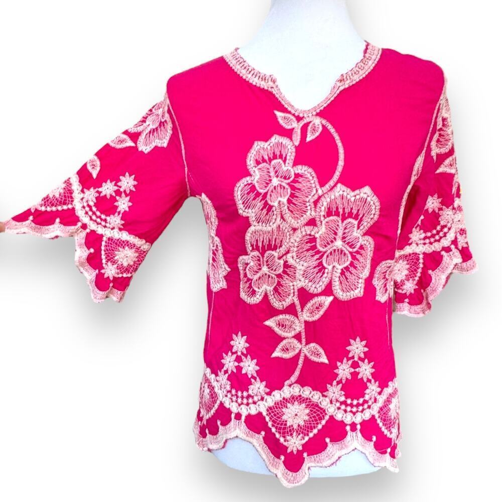 🍀Solitaire Embroidered Floral Bell Sleeve Peasant Boho Top Fuchsia Pink Womens S - Picture 3 of 11